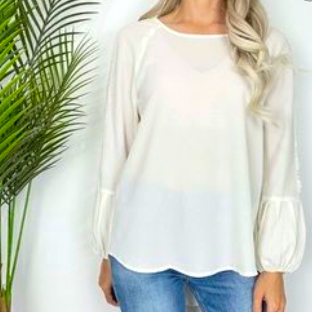 NWT Molly Bracken Off White Woven Top With Lace Sleeves & Puff Pleated Cuffs